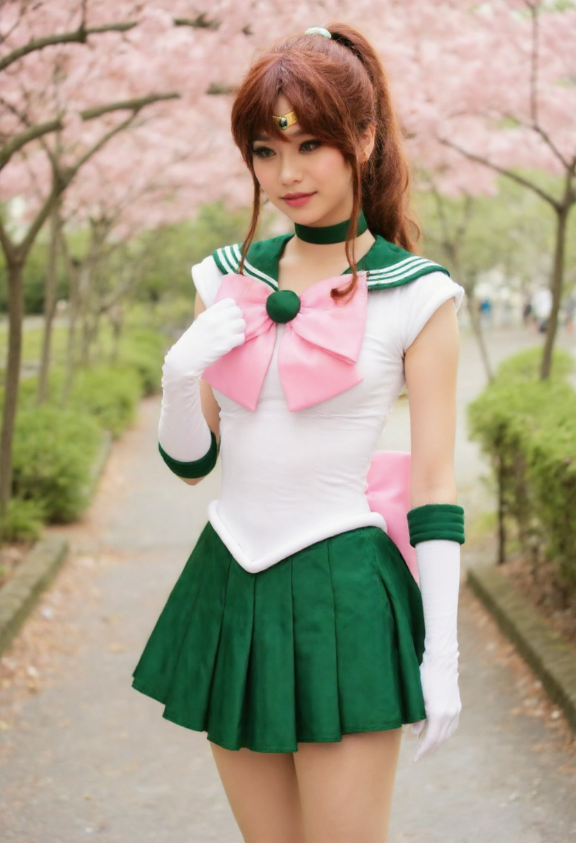 prompt:.sjupter, Black girl in .sjupter cosplay, full body shot, standing gracefully in a lush garden filled with cherry blossoms, holding her hand to her chest with a gentle smile, sailor uniform in vivid green and white with pink bow, lace-up green boots catching the sunlight, long brown ponytail styled neatly, atmosphere of elegance and inner power, petals floating gently around her by Eve Vaillant